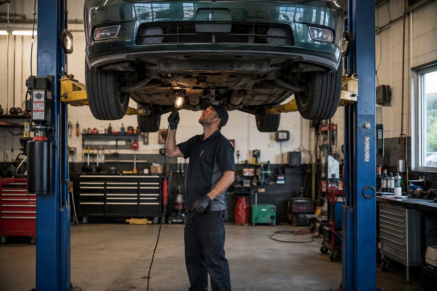 A car raised on a two-post lift while a technician inspects it from underneath.