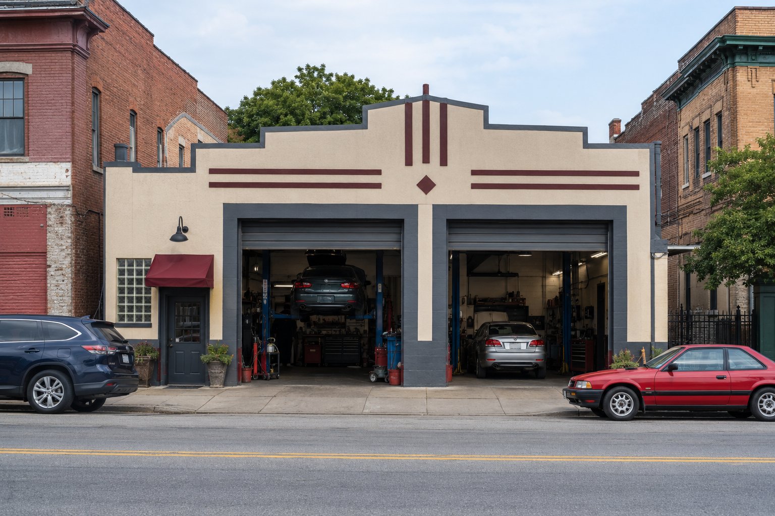 The front of the shop from the street with its bay doors open and vehicles parked outside.